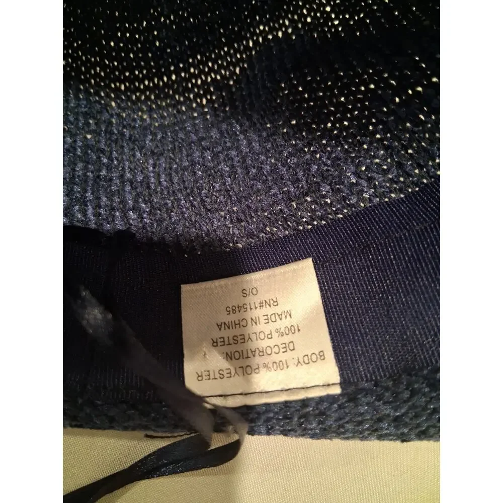Kohl's Women's Navy Blue Knit Fedora Panama Hat Black Fringe Ribbon Band O/S